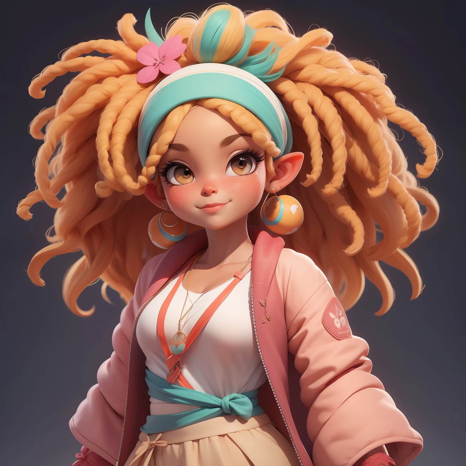 uma garota fofa super bonito, corpo inteiro, acessórios de cabelo, Prisioneiros, Coloridos afro, pavor, olhos delicados, sorrindo, roupas leves e detalhadas, fundo limpo e renderização 3D brilhante, Renderização OC, 8K, Foco suave, fino Glossysuper detalhe --ar 3:6 50 --q 2 --niji 5 --estilo expressivo --s 2