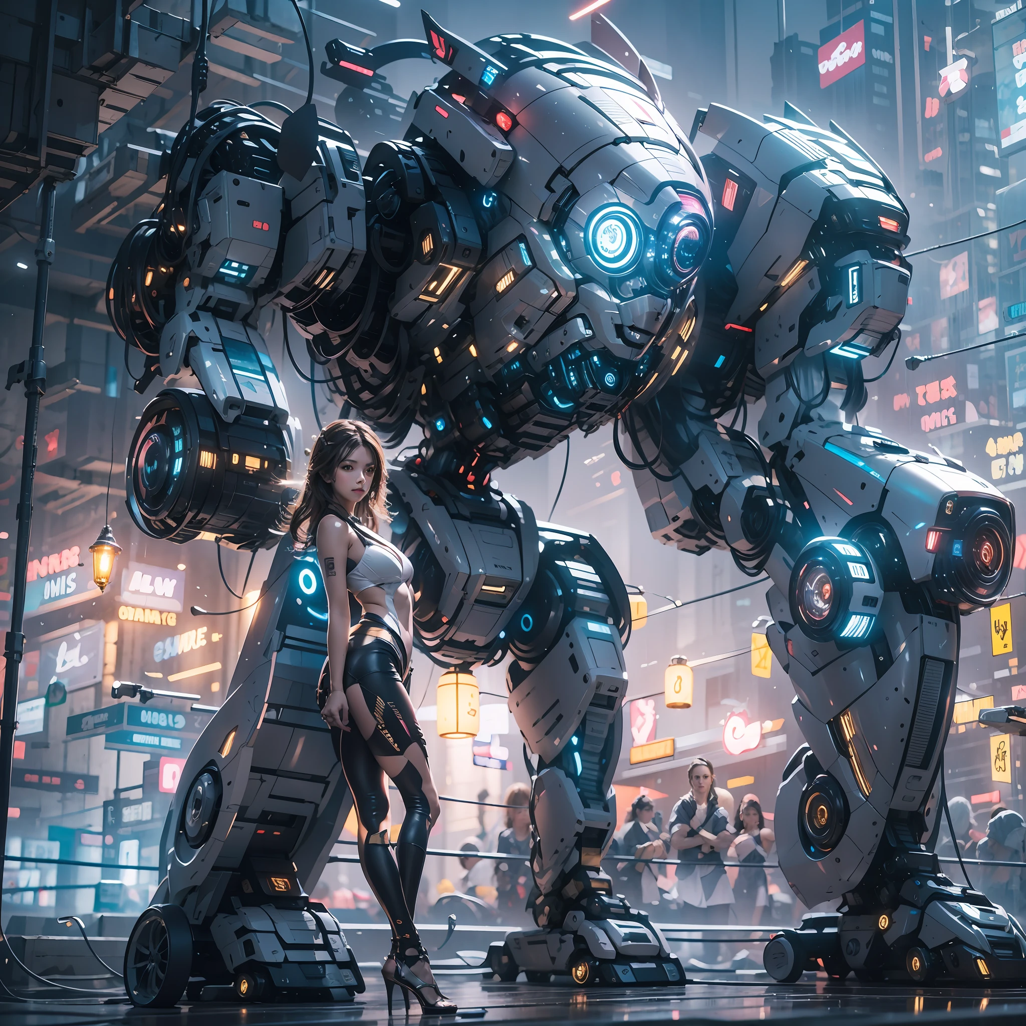 （（tmasterpiece，best qualtiy）），illustration，Ultra-detailed 8K，Clear focus，A highly detailed，Professional lighting，Colorful detailed，A girl and a mech，Beautuful Women，lottalewdsLargeMecha，cranny，with light glowing，with light glowing，Complicated details，（（1girl stands in front of the audience）），closeup cleavage，The upper part of the body