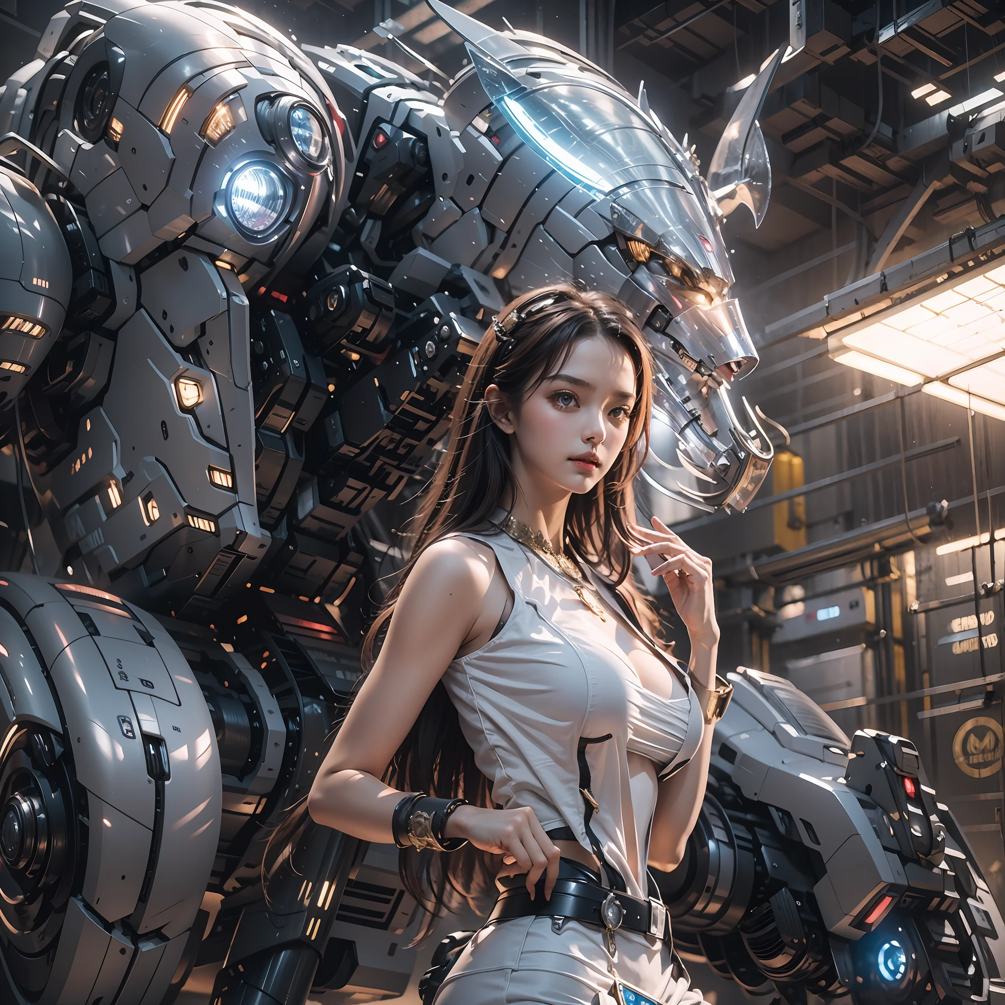 （（tmasterpiece，best qualtiy）），illustration，Ultra-detailed 8K，Clear focus，A highly detailed，Professional lighting，Colorful detailed，A girl and a mech，Beautuful Women，lottalewdsLargeMecha，cranny，with light glowing，with light glowing，Complicated details，（（1girl stands in front of the audience）），closeup cleavage，The upper part of the body