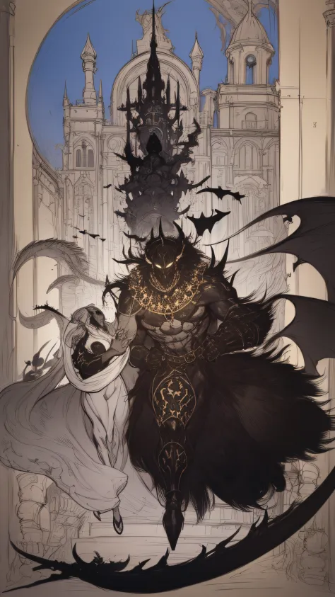 Devil 1、(((Black giant)))、White background、accessorized、line-drawing、pale color、Black Armor、Iron Mask、Fantastical、Alfonse Mucha、de pele branca、Cladding、Rough sketch、coarser line、Painterly、Lively poses、Crow's feathers、Delicate touch、fine lines、Equivocal fac...