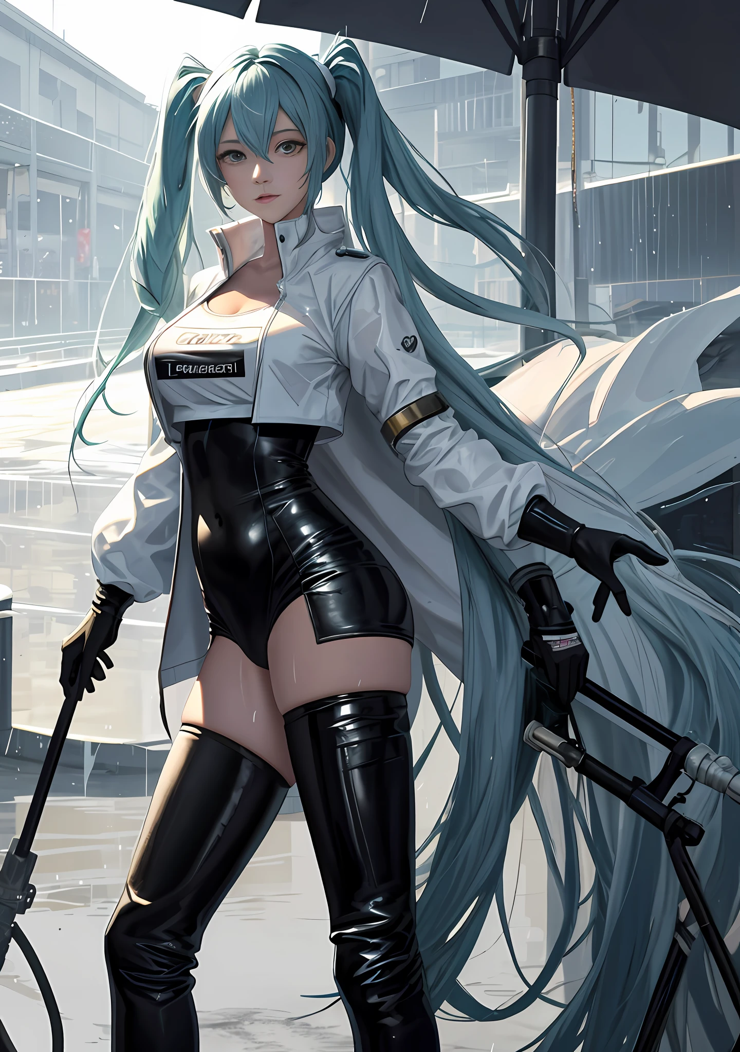 tmasterpiece，（ultra - detailed），1girll， ssmile，  Racing tracks， Racing Miku， black reotard， Cropped jacket， White jacket， longer sleeves， Two-tone gloves， thigh boots，Huge bust，Clothes are wrapped all over the body，Excellent figure，Realistic painting style，Surreal art style，Open jacket，Rained，drenched all over the body，Hair dripping，Wet hair，Fleshy chest，Huge，Crop topping，The belly is exposed，Minor abs，Rain reflection，Flame it up，Twist your body，Sexy limbs，F cup chest