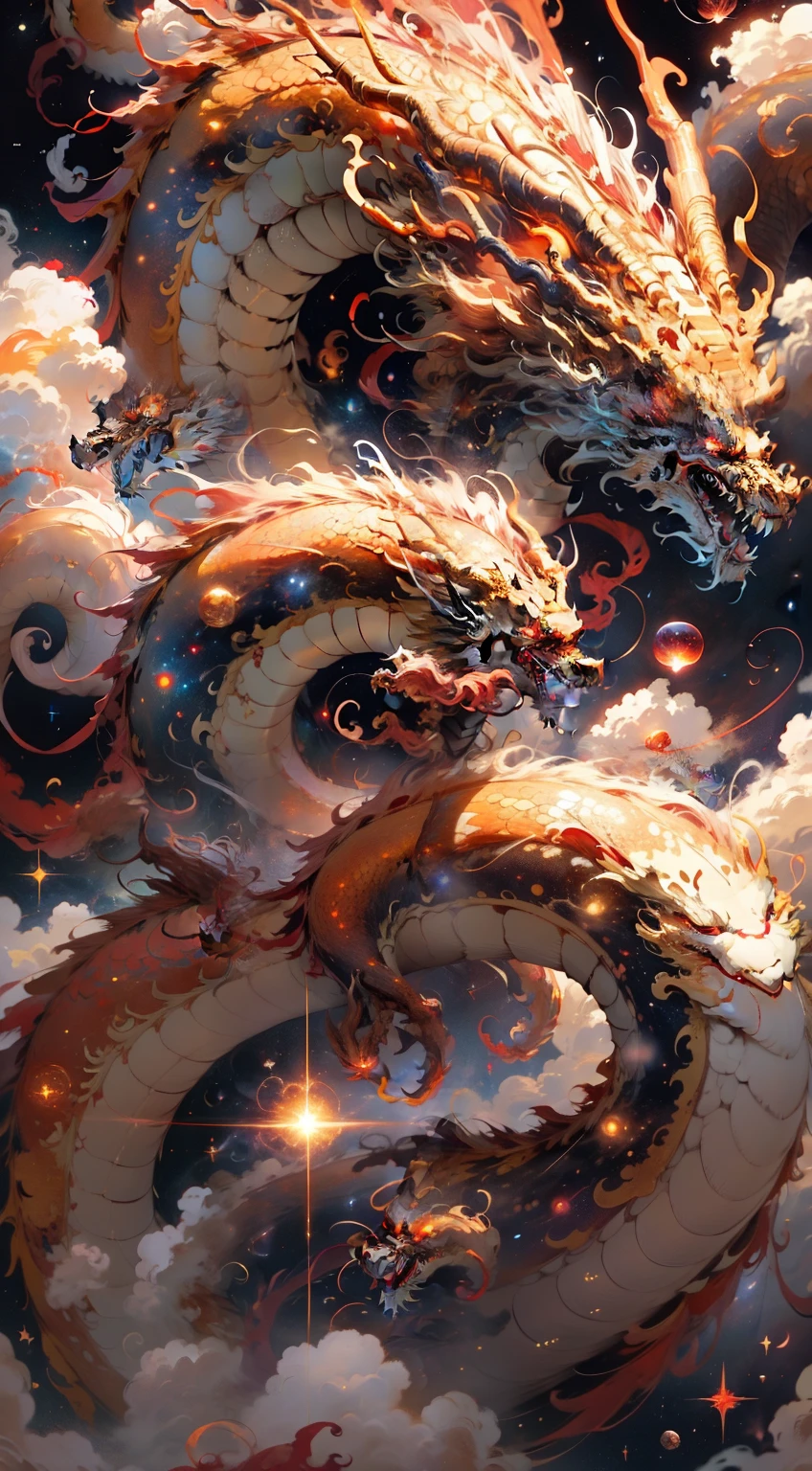 un dragon oriental doré cosmique aux yeux rouges pourpres, flottant dans l&#39;espace, , plus doré, plus effrayant