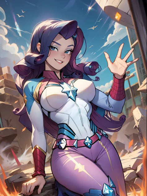 rarity, huge-breasts, lush breasts, elastic breasts, hairlong, luxurious hairstyle, in the costume of captain marvel, white and ...