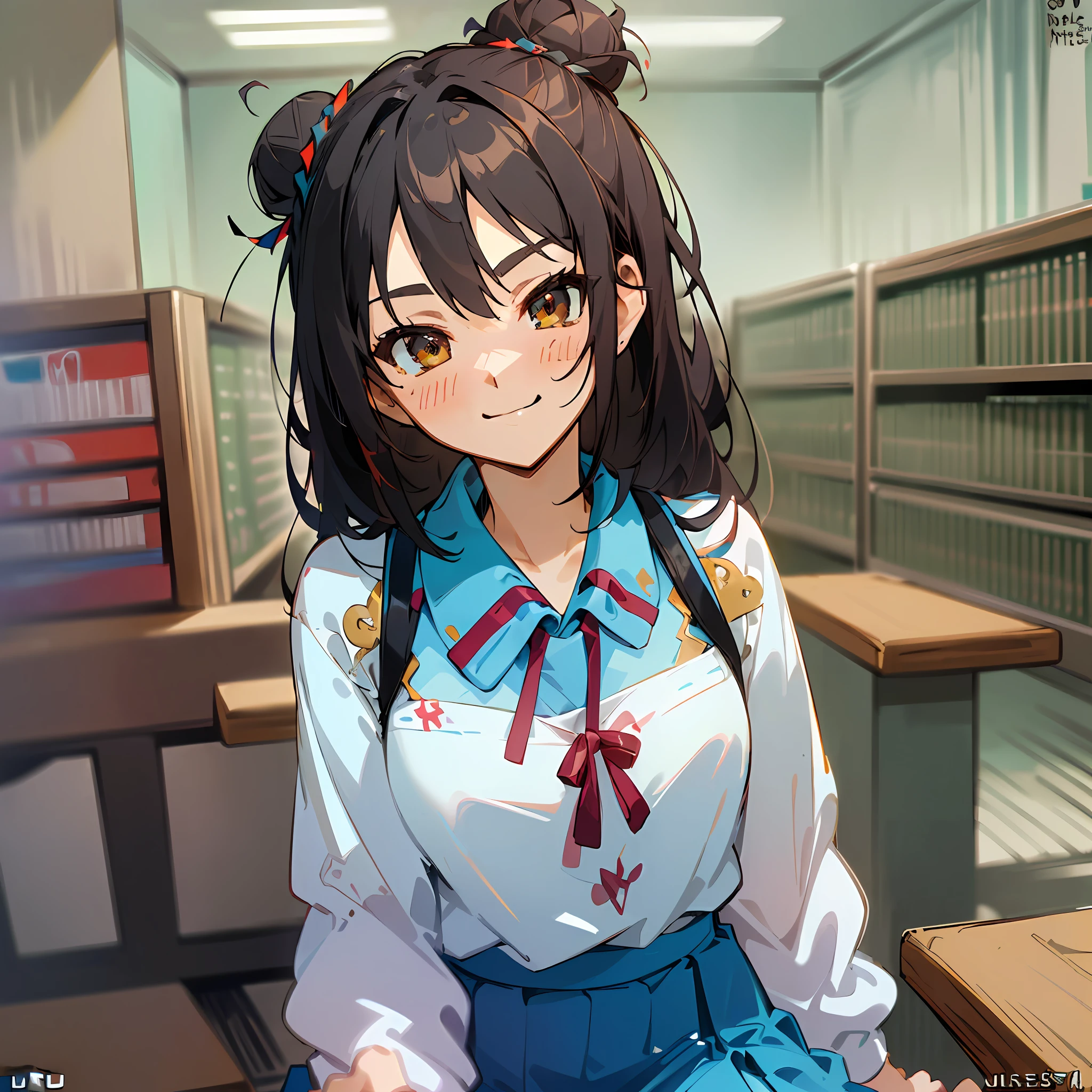 (suzumiya haruhi), (haruhi_srf), (high school uniform), (64k, UHD, Raw photo, highes, Best Quality, mastepiece:2.0), (Ultra-fine depiction of details:3.0) a 18 yo woman, (a librarian), (collared white shirt, tie, ribbon), (neat, tidy, skirt:1.9), (black school stockings), (trying to deliver books to the viewer, helping the viewer to find the books), (cowboy shot, full body shot:1.3), (hands behind, arms behind:1.6), (smile, slight blush), (seated at the check-out counter, in a public library), (long black hair, single braid bun, double bun), (closed mouth with a faint happy smile), (caring, friendly gaze toward the viewer), (perfect body, perfect figure), (perfect slender body), (perfect, flawless, natural skin texture, hyperrealism, effective front light, sharp), (perfect hands, perfect fingers:1.6) (perfect and effective front lighting:1.4), (portrait, and cowboy shot:1.6)