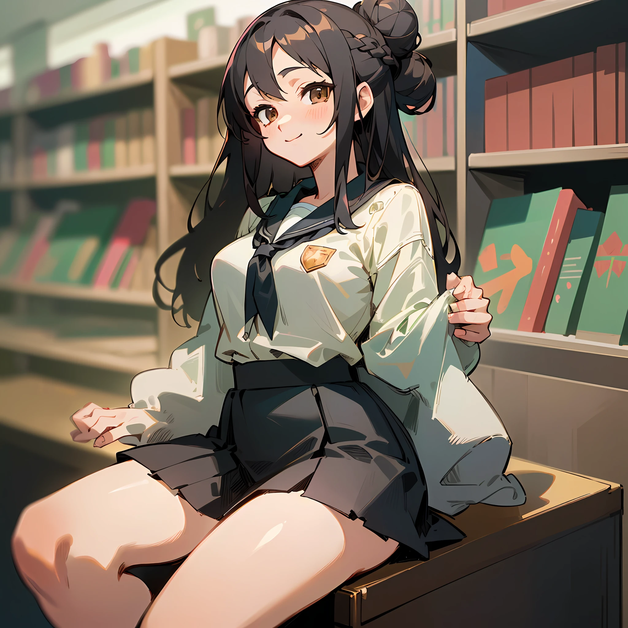 (asahina mikuru), (haruhi_srf), (high school uniform), (64k, UHD, Raw photo, highes, Best Quality, mastepiece:2.0), (Ultra-fine depiction of details:3.0) a 18 yo woman, (a librarian), (collared white shirt, tie, ribbon), (neat, tidy, skirt:1.9), (black school stockings), (trying to deliver books to the viewer, helping the viewer to find the books), (cowboy shot, full body shot:1.3), (index fingers together:1.0), (hands behind, arms behind:1.6), (smile, slight blush), (seated at the check-out counter, in a public library), (long black hair, single braid bun, double bun), (closed mouth with a faint happy smile), (caring, friendly gaze toward the viewer), (perfect body, perfect figure), (perfect slender body), (perfect, flawless, natural skin texture, hyperrealism, effective front light, sharp), (perfect hands, perfect fingers:1.6) (perfect and effective front lighting:1.4), (portrait, and cowboy shot:1.6)