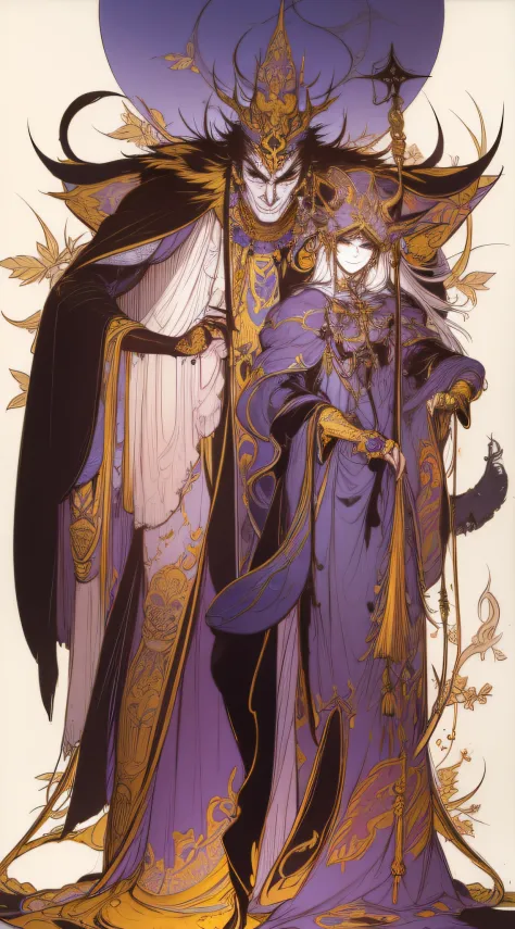 man 1、White background、line-drawing、pale color、Clown clothes、long cloak、Fantastical、A big hat that hides up to the eyes、Alfonse Mucha、Rough sketch、coarser line、Painterly、Lively poses、、Butterfly wings、Delicate touch、fine lines、Equivocal faces、Gold decorativ...