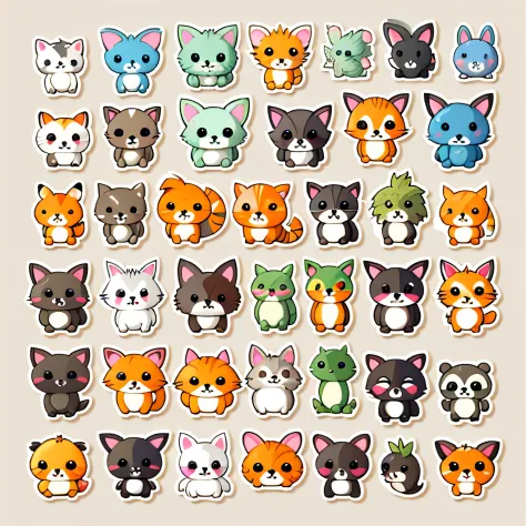a sticker，All kinds of small animals\（organism\），simple backgound，Cartoon Cute，A lot of small animals gathered around，Positive face，