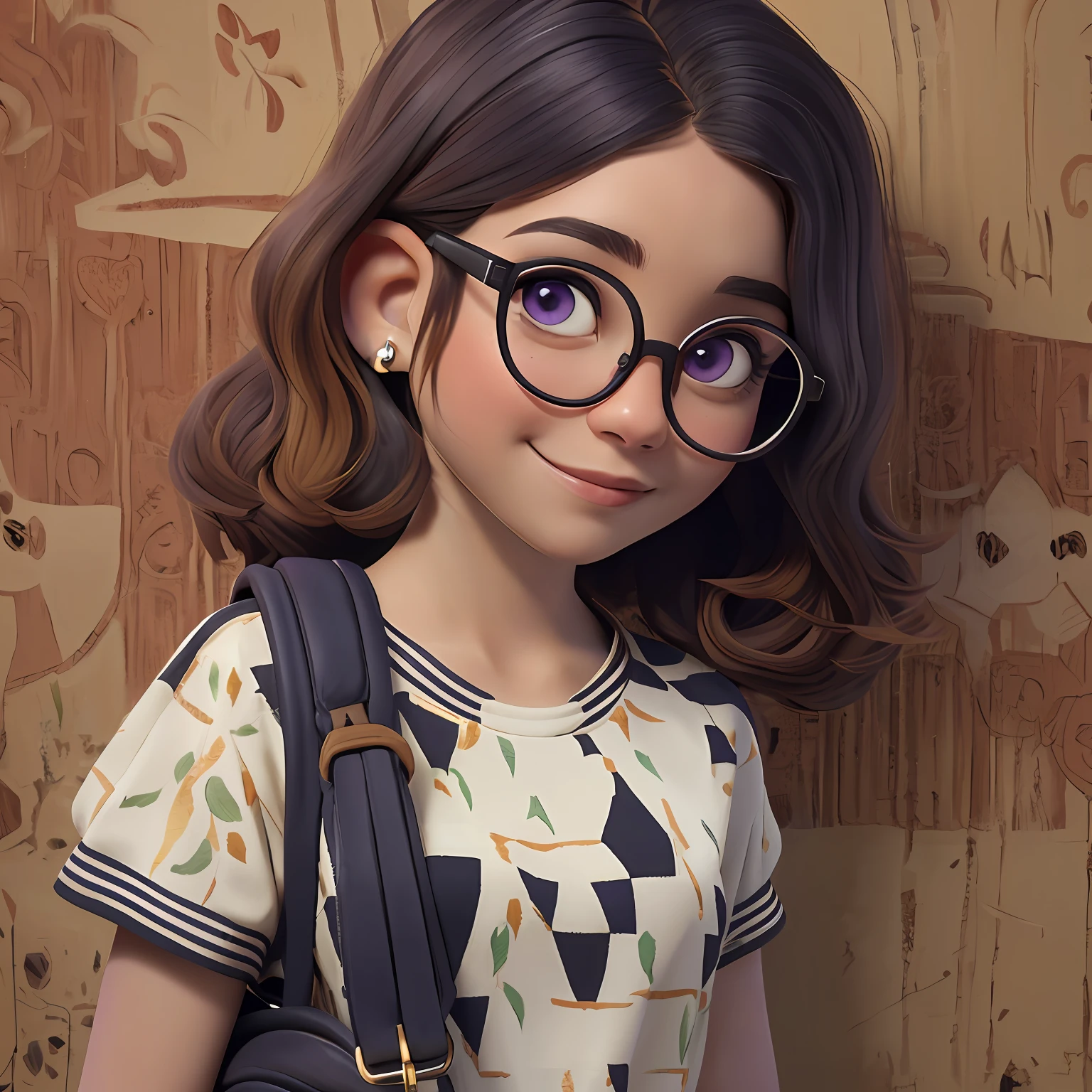 uma menina jovem, de pele preta tom negro, Seu cabelo esta solto, pavor, fone de ouvido, Eyeglasses, com rendas delicadas, tom amarelo acizentado com madeixas marrom escuro, roupas leves, mochila, fone de ouvido, pavor roxo escuro, corpo inteiro, The background is filled with a pastel shade, evoking a sense of lightness and happiness.