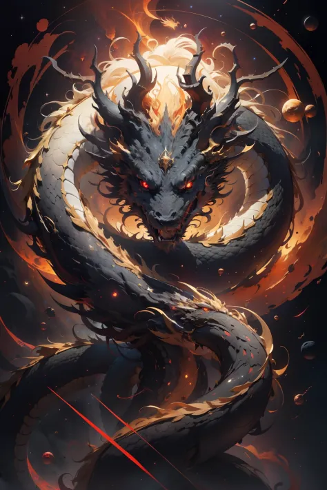 "a majestic cosmic golden eastern dragon with crimson red eyes, gracefully floating through the endless expanse of black space filled with stars, radiating a magnificent but OMINOUS aura".