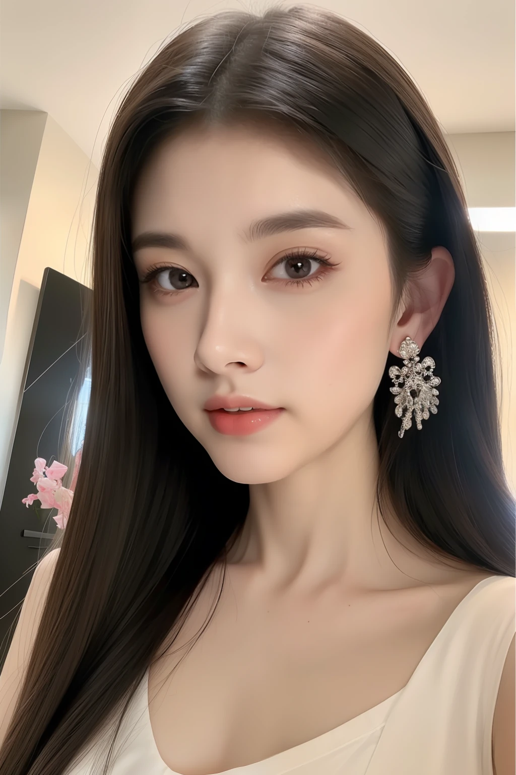 8K, Best Quality, Masterpiece, Ultra High Resolution, (Realism: 1.4), Original Photo, (True Skin Texture: 1.3), (Film Grain: 1.3), (Selfie Angle), 1 Girl, Beautiful Eyes and Face Details, Masterpiece, Best Quality, Close-up, Upper Body