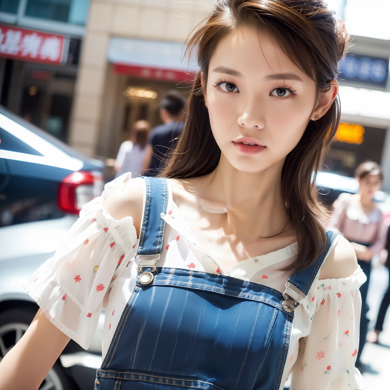 Woman with long hair posing in short dress, top-quality, 1girl, (overalls,top ress), medium-breasted, natta, blured background, TOKYOcty, a street,Bokeh, (a person, crowd:1), (Hair raised:1.5), (Floating hair:1.2), (casual yet stylish, blouse:1.5), (dynamicposes:1), Soft lighting, (portlate:0.8),looking at the viewers,