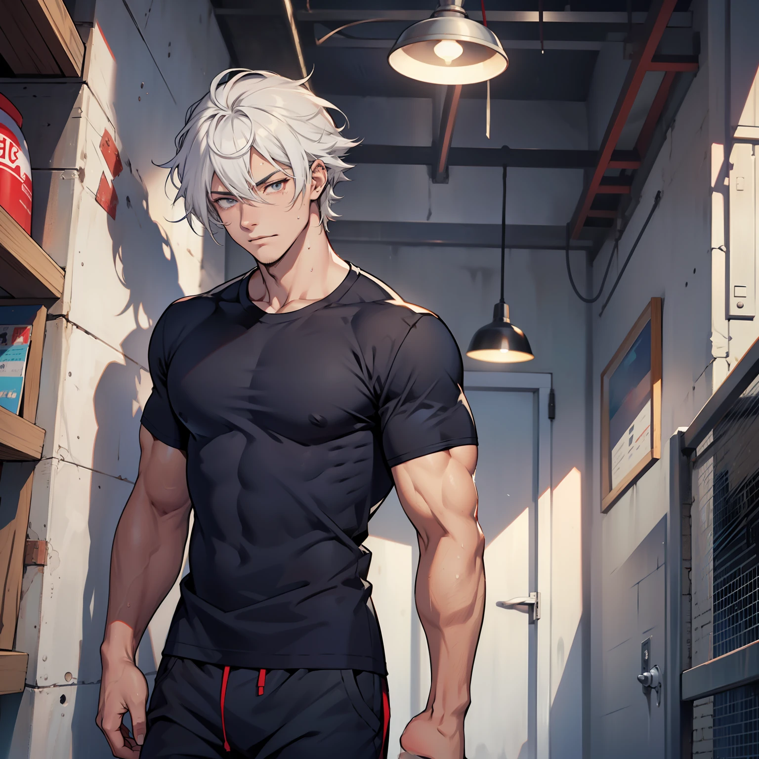 Anime guy with white hair and black shirt standing in a room - SeaArt AI