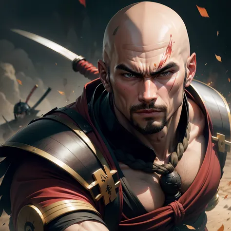 Bald handsome muscular samurai in battle - SeaArt AI