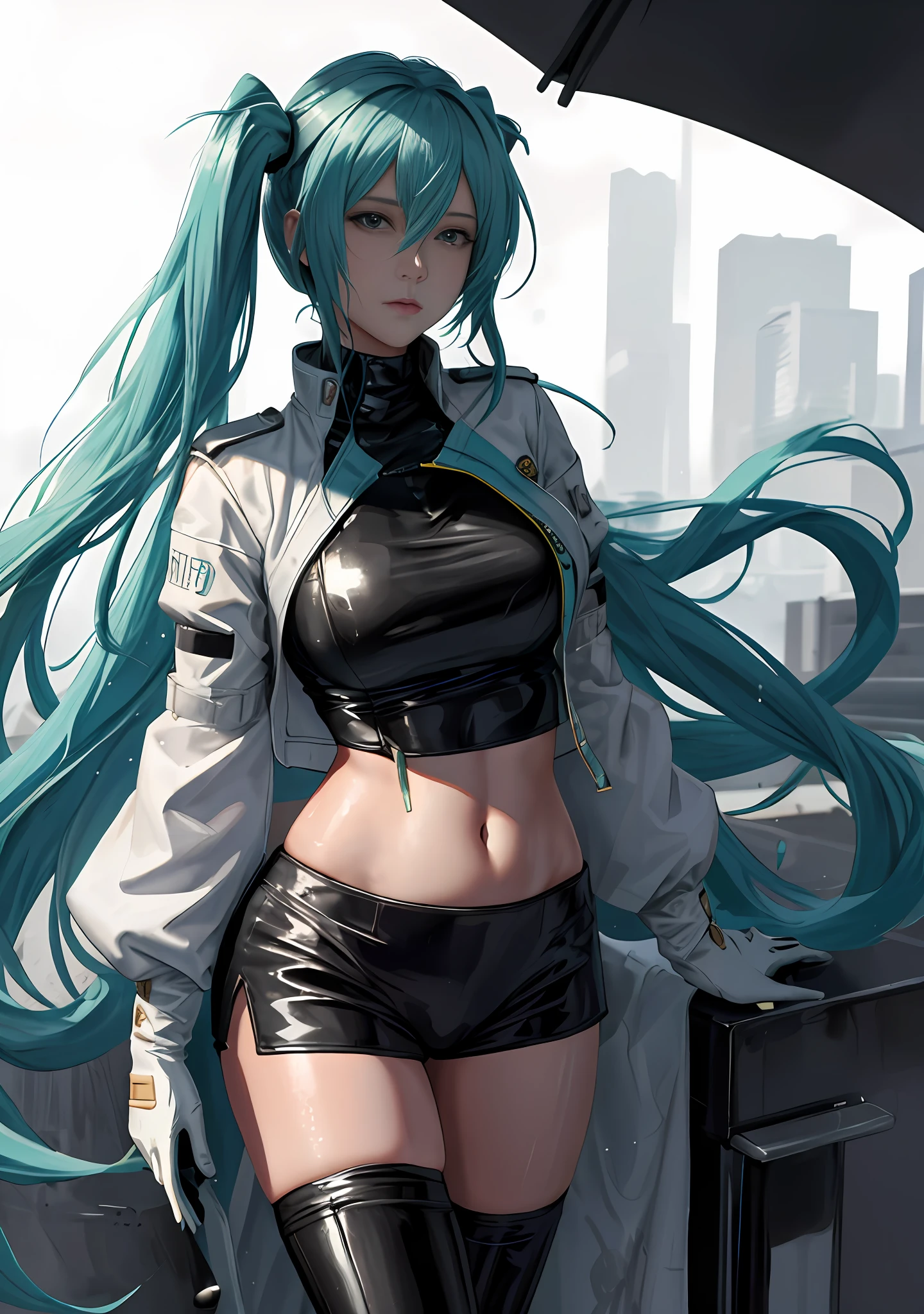 tmasterpiece，（ultra - detailed），1girll， ssmile，  Racing tracks， Racing Miku， black reotard， Cropped jacket， White jacket， longer sleeves， Two-tone gloves， thigh boots，Huge bust，Clothes are wrapped all over the body，Excellent figure，Realistic painting style，Surreal art style，Open jacket，Rained，drenched all over the body，Hair dripping，Wet hair，Fleshy chest，Huge，Crop topping，The belly is exposed，Minor abs，Rain reflection，Flame it up，Twist your body，Sexy limbs，F cup chest