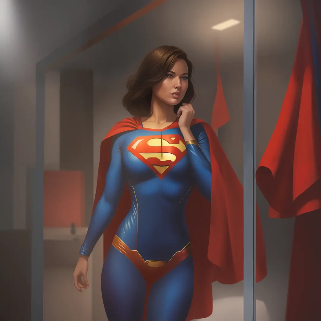 araffe woman in a superman costume standing in a bathroom, artgerm and atey ghailan, artgerm jsc, commission for high res, drawn...