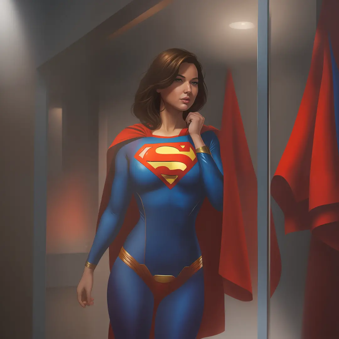 araffe woman in a superman costume standing in a bathroom, artgerm and atey ghailan, artgerm jsc, commission for high res, drawn...