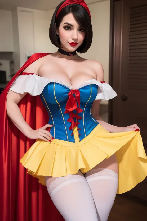 Beautiful woman, snow white cosplay, blue corset, yellow pleated skirt, red and white slashed shoulder sleeves, black bob hair, red headband, red cape, silk, satin, photorealistic, masterpiece, best quality, beautifully detailed face, detailed skin, white ...