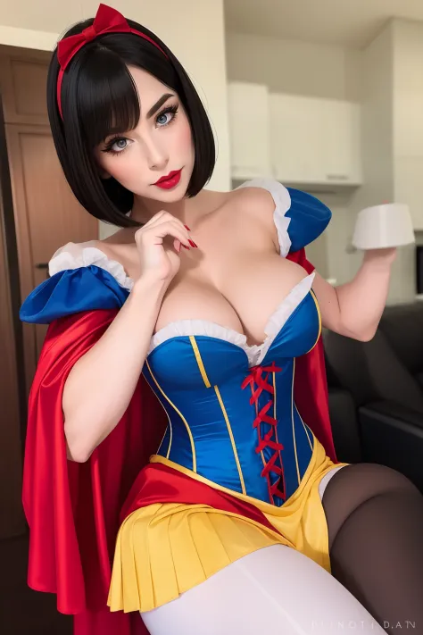 Beautiful woman, snow white cosplay, blue corset, yellow pleated skirt, red and white slashed shoulder sleeves, black bob hair, red headband, red cape, silk, satin, photorealistic, masterpiece, best quality, beautifully detailed face, detailed skin, white ...