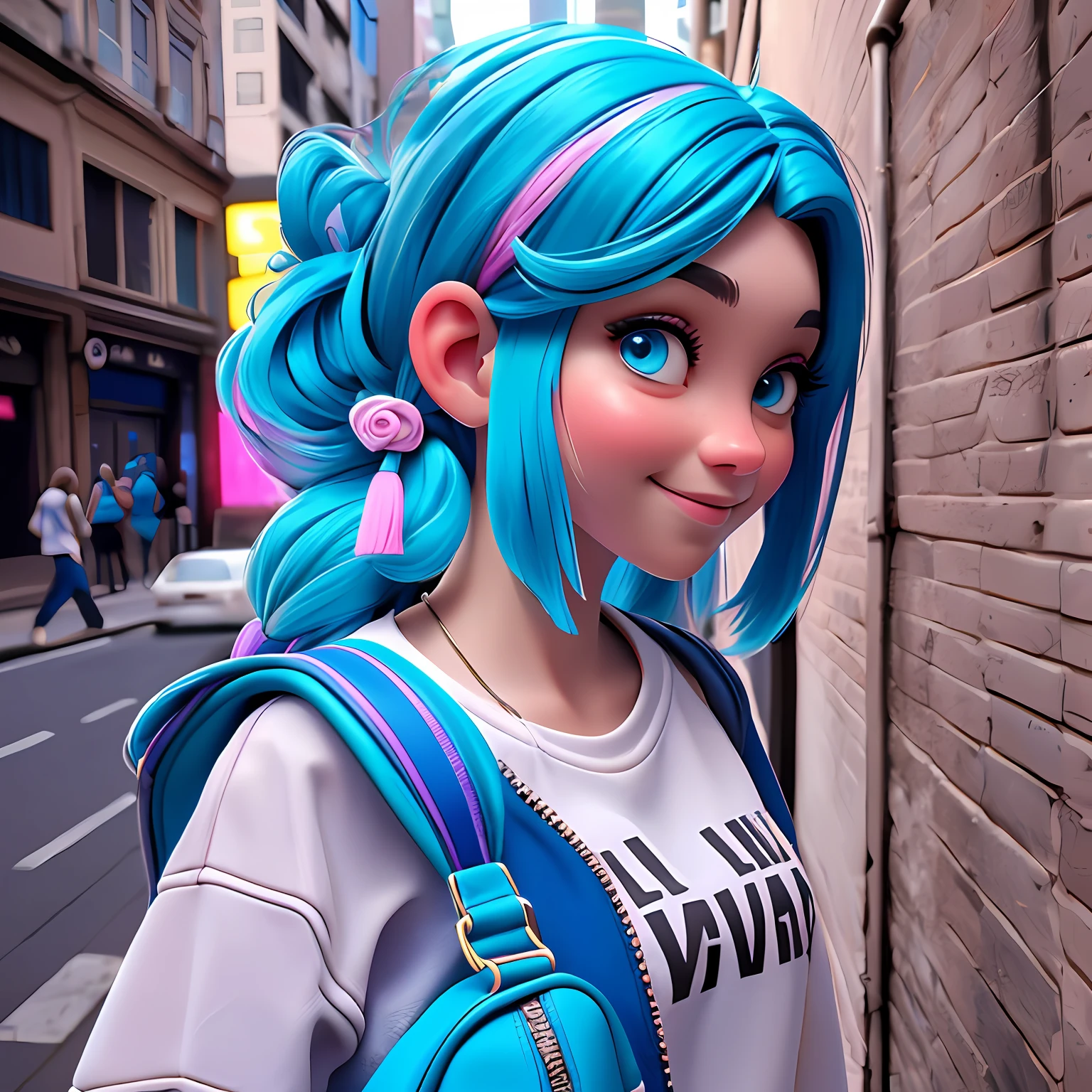 uma menina jovem, Seu cabelo esta solto, com rendas delicadas, tom branco neon, cabelo preso, roupas leves, mochila, fone de ouvido, dread's azul escuro, corpo inteiro, The background is filled with an urban tone, evoking a sense of lightness and happiness.