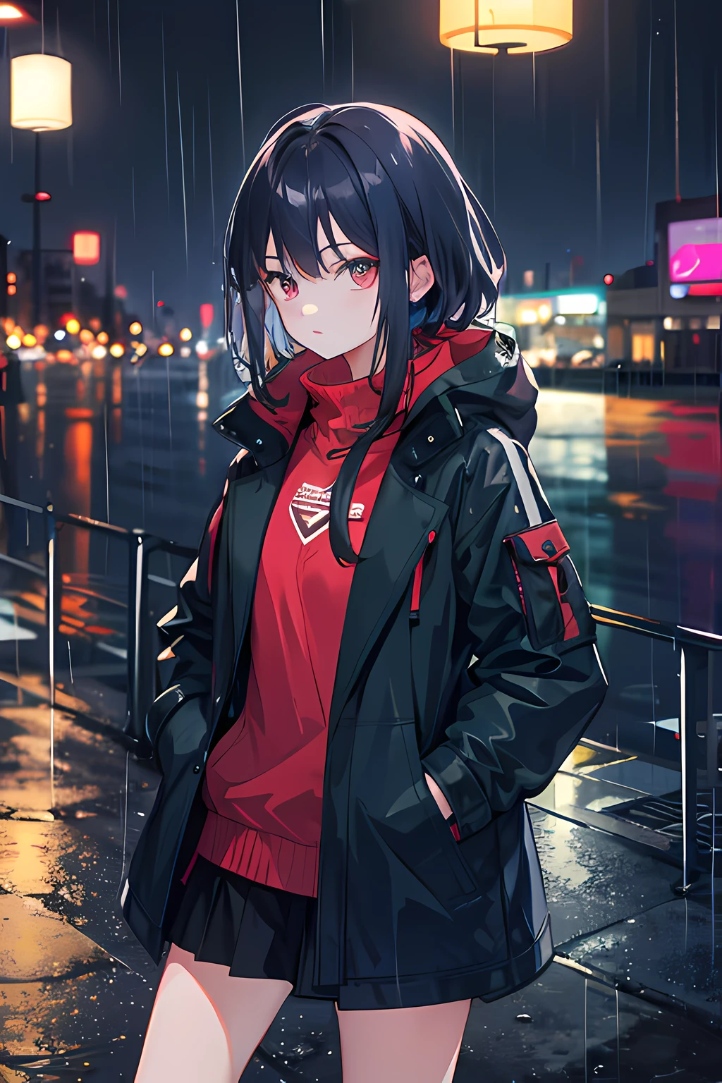 1girl, Night City, rain, coat, hands in pockets