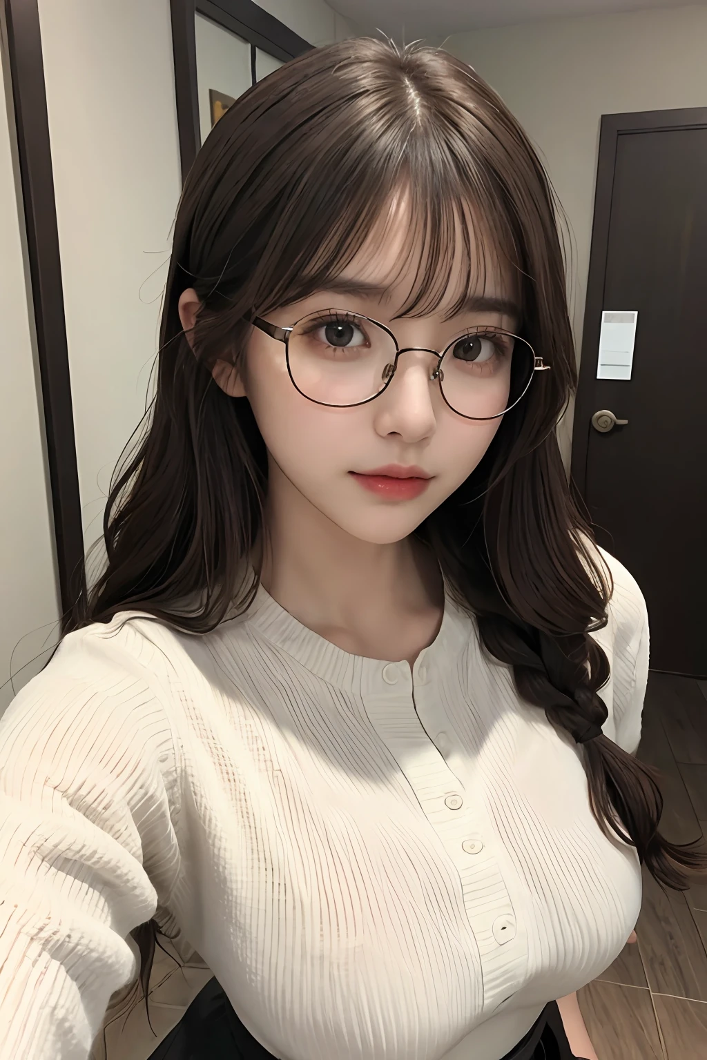 ((1girl in)),Light Brown Fringe Hair、Braided hair、disheveled hair、Light brown eyes、(dignified expression)、((Casual clothing))、(爆乳:1.4)、Emphasize the valley、fittingroom、Selfie、(Photorealsitic)、(intricate detailes:1.2)、(​masterpiece、:1.3)、(top-quality:1.4)、(超A high resolution:1.2)、超A high resolution、(A detailed eye)、(detailed facial features)、Black tabby glasses