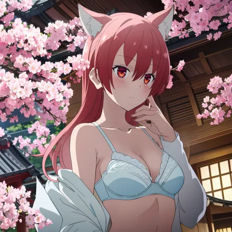 tsukasa, 1girl, solo, (masterpiece:1.2), (best quality:1.15), extremely detailed, perfect lighting, japanese temple background, cherry blossoms, fox mask, wearing fox mask on face, small breasts, white panties, white bra