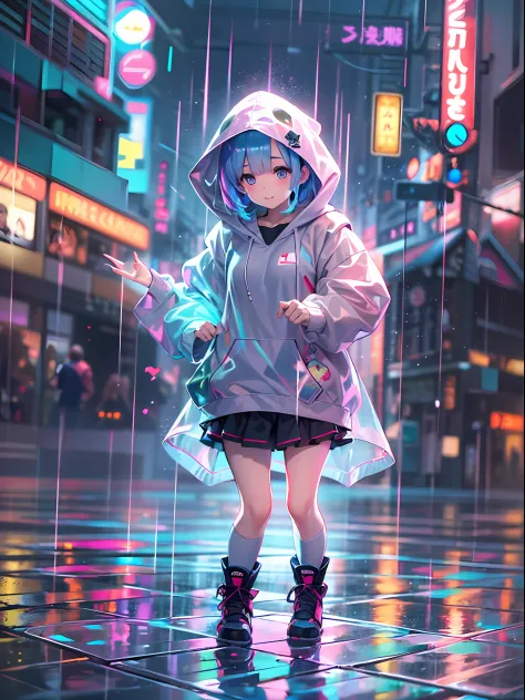 Super cute Q version baby girl Rem standing in the rain in a clear plastic hoodie, illustration iridescent, magically glowing, shiny colorful, holograph, By Yuumei, Anime art wallpaper 8 K, Guviz-style artwork, Anime art wallpaper 4k, Anime art wallpaper 4...