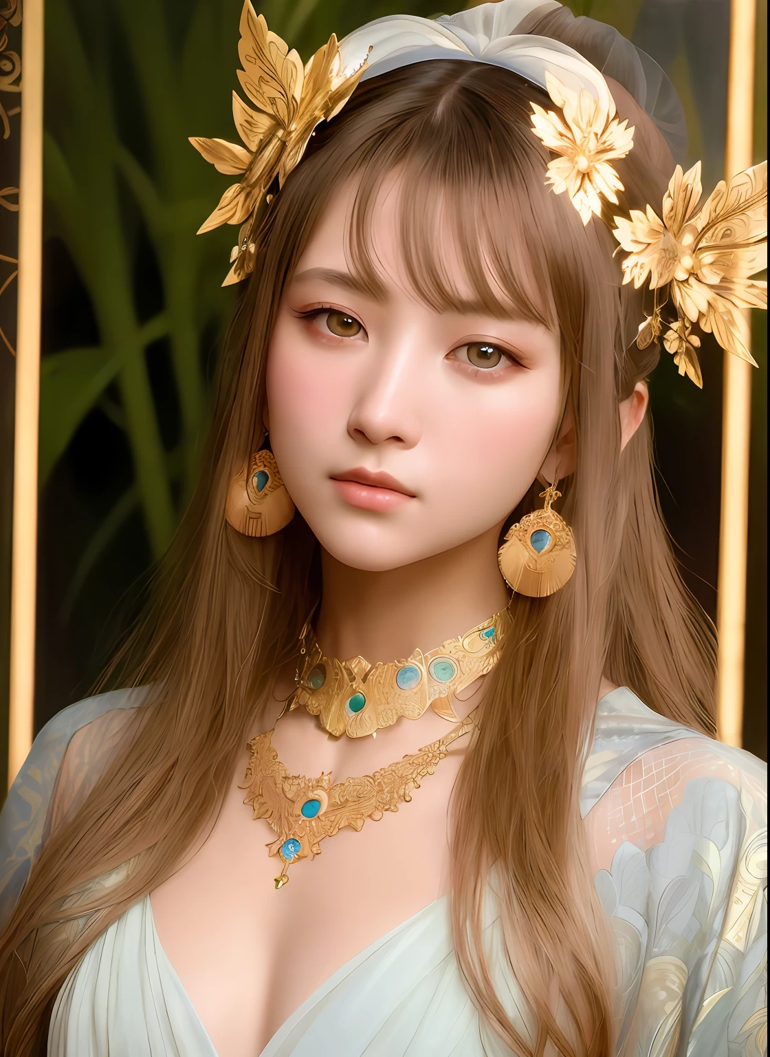 High quality, Masterpiece, Masterpiece, Exquisite facial features, Exquisite Hair, Elaborate Eyes, Delicate colored hair, 4K quality, Gorgeous light and shadow, Tyndall effect, Halo, Messy hair, Young state, Gorgeous scenes, Beautifully dressed, Chains, feater,Ancient Chinese beauty with big eyes，detail-rich, Digital painting, art  stations, concept-art, Sharp focus, illustration, greg rutkovsky（greg rutkovsky）、An Alphonse Mucha's（Alphonse Mucha）and Victor Ngay（Victor Nkay）of works of art