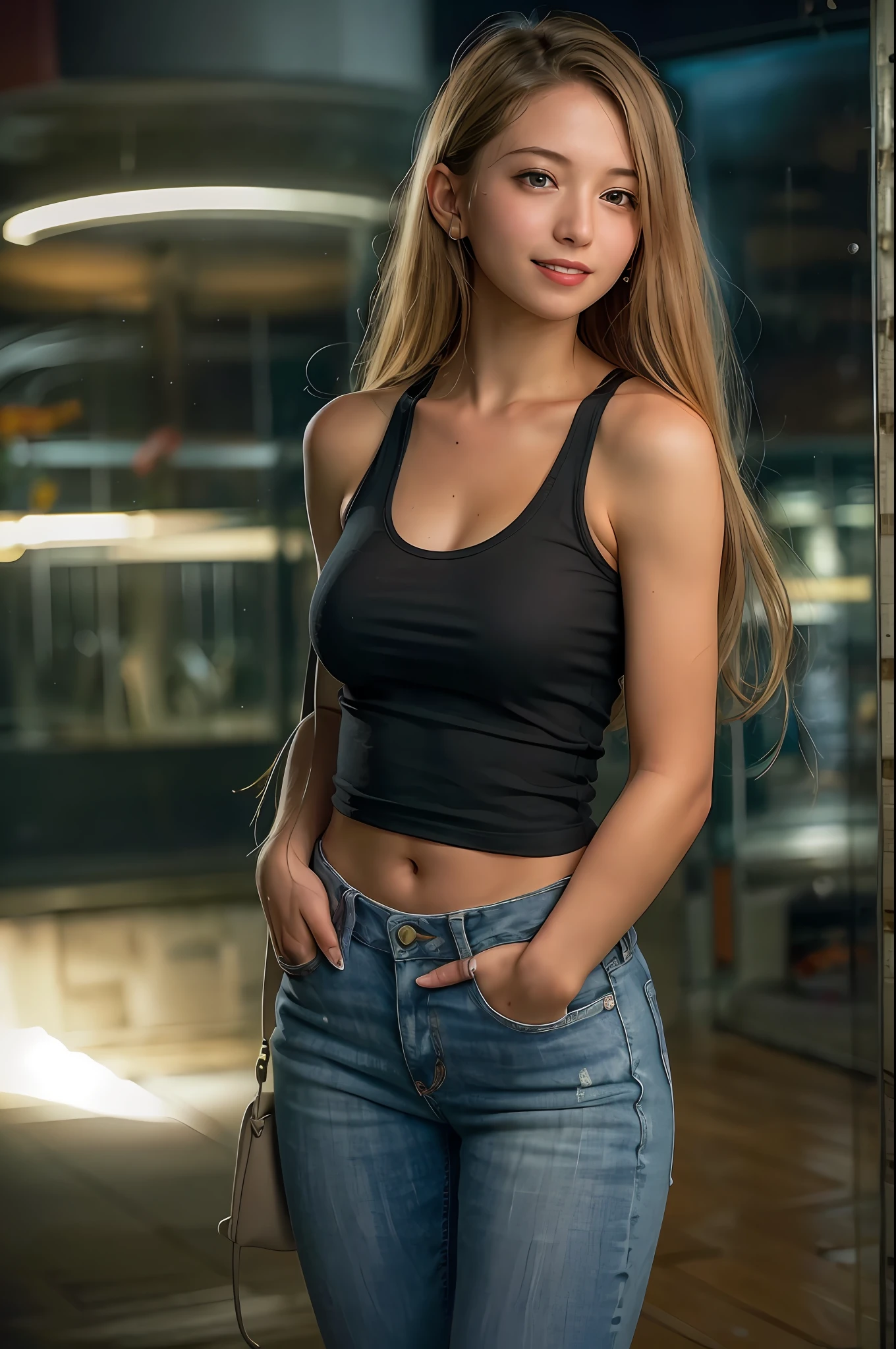 Top quality, Masterpiece, Photoreal, 8K, 4K, Extreme resolution, Ultra HD, Dynamic lighting, Real lighting, Sophia Diamond, looking_at_viewer, Smile, Tank top, Jeans,