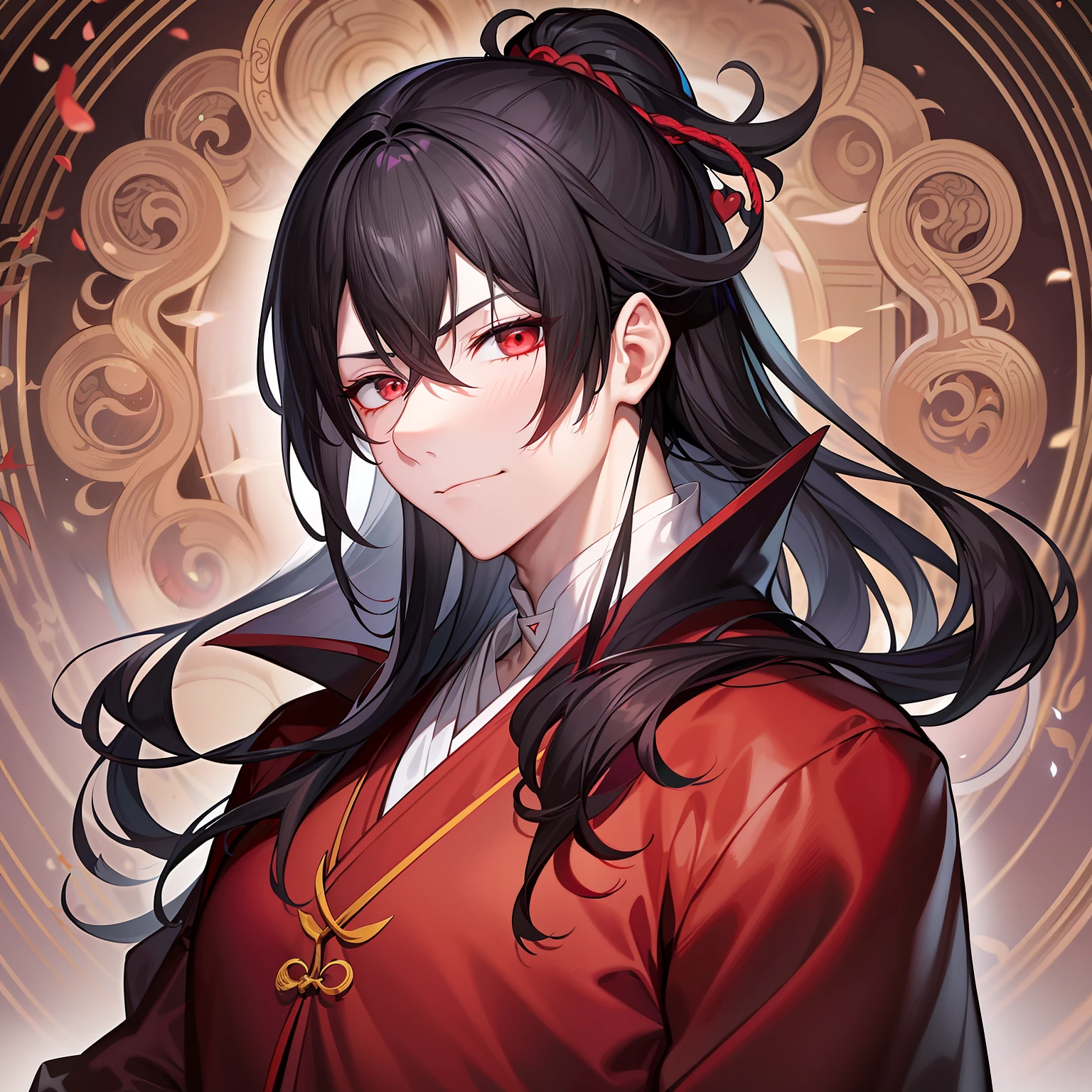 A black-haired Taoist priest in a red Taoist robe approached, His gaze is sharp and deep, as if he could see through the depths of human hearts. His face is extraordinarily beautiful, And although he has no beard, He looks a little calm, Master of the Devil Cult, Wei Wuxian