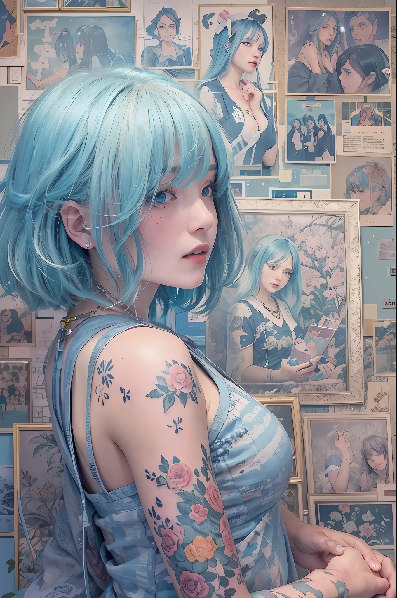 Ultra-high definition 2D art, close-up (1 woman), light blue hair, 2D animation style, soft and delicate depiction, attention also on her full-body tattoos (full-body art), landscape mode, masterpieces by Guweiz and James Jean, tattoo expert designs by CGSCOSITY, etc. A beautiful blue-haired girl who became a hot topic at the trend art station of Japan.