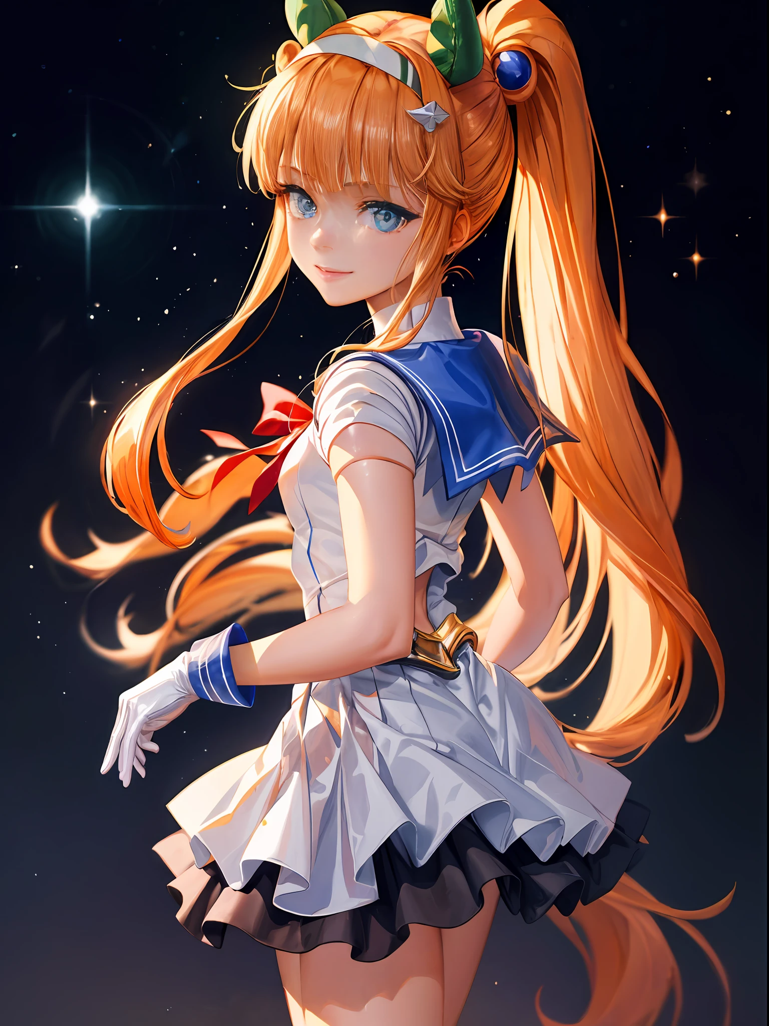 (Extreme detail CG Unity 8K wallpaper, Masterpiece, Highest Quality), (exquisite lighting and shadow, highly dramatic picture, Cinematic lens effect), (Sailor Moon: 1.1), Adorable smile, Double Ponytail, blue eyes, blond hair, tight top, white gloves, mini skirt, dynamicpose), the background is the universe (great details, great lighting, Wide angle), (Excellent rendering, Basta, To stand out in your class),