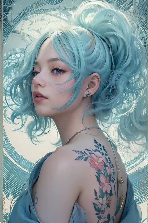 Ultra-high definition 2D art, close-up (1 woman), light blue hair, 2D animation style, soft and delicate depiction, attention al...