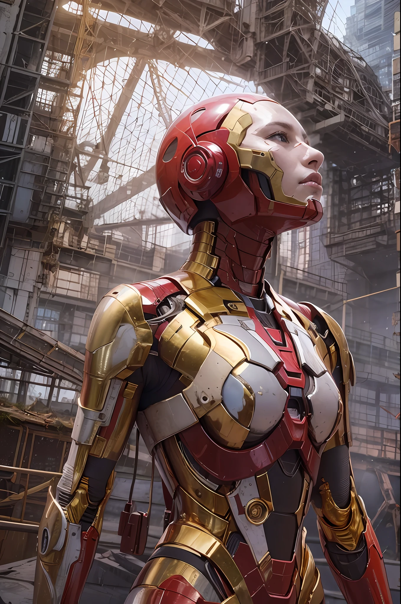 CRUDO, Obra maestra, Foto ultrafina,, mejor calidad, ultra alta resolución, Fotorrealista, luz de sol, Retrato de cuerpo entero, deslumbrantemente bella,, poses dinámicas, cara delicada, ojos vibrantes, (Vista lateral) , ella lleva un robot futurista de Iron Man., combinación de colores rojo y dorado, fondo de almacén abandonado muy detallado, cara detallada, fondo ocupado detallado y complejo, desordenado, espléndido, blanco lechoso, piel muy detallada, detalles de piel realistas, visible pores , enfoque nítido, niebla volumétrica, 8k hd, cámara réflex digital, alta calidad, grano de la película, piel blanca, photorealism, lomografía, Metrópolis en expansión en una distopía futurista, vista desde abajo, translúcido