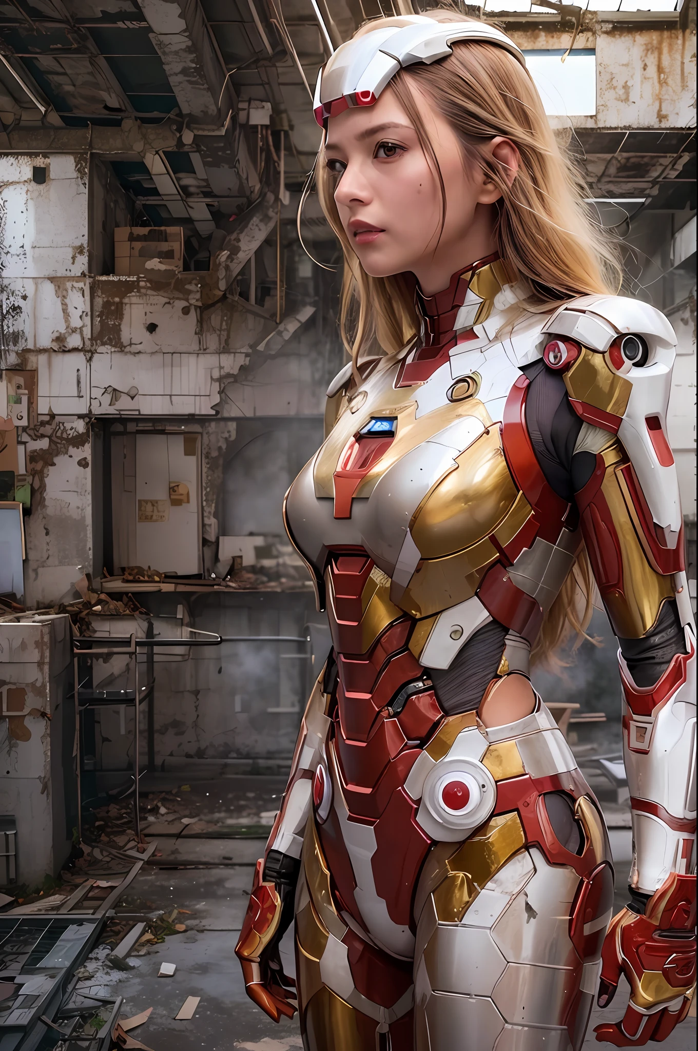 RAW, Masterpiece, Ultra Fine Photo,, Best Quality, Ultra High Resolution, Photorealistic, Sunlight, Full Body Portrait, Stunningly Beautiful,, Dynamic Poses, Delicate Face, Vibrant Eyes, (Side View) , she is wearing a futuristic Iron Man mech, red and gold color scheme, highly detailed abandoned warehouse background, detailed face, detailed and complex busy background, messy, gorgeous, milky white, high detailed skin, realistic skin details, visible pores , sharp focus, volumetric fog, 8k uhd, dslr camera, high quality, film grain, fair skin, photorealism, lomography, sprawling metropolis in futuristic dystopia, view from below, translucent