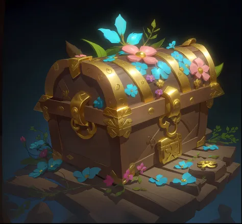 There is a wooden treasure chest，There is a lot of gold and jewelry inside, wood planks，Flowers，Treasure Trove, Ori stylized，pixar cartoon style，The chest has fantasy vegetation，Best resolution，Best results