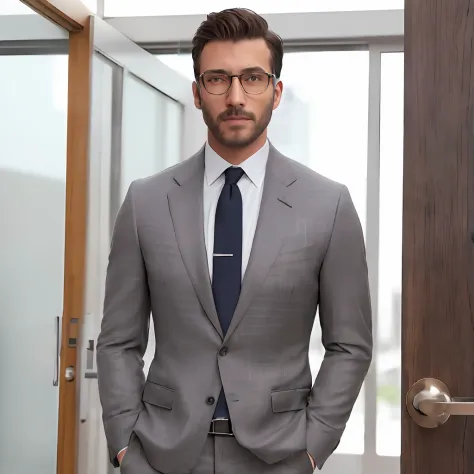 realistic,  (masterpiece, best_quality:1.1), a man wearing glasses  standing in front of a glass door with a cross on it, zegna,...