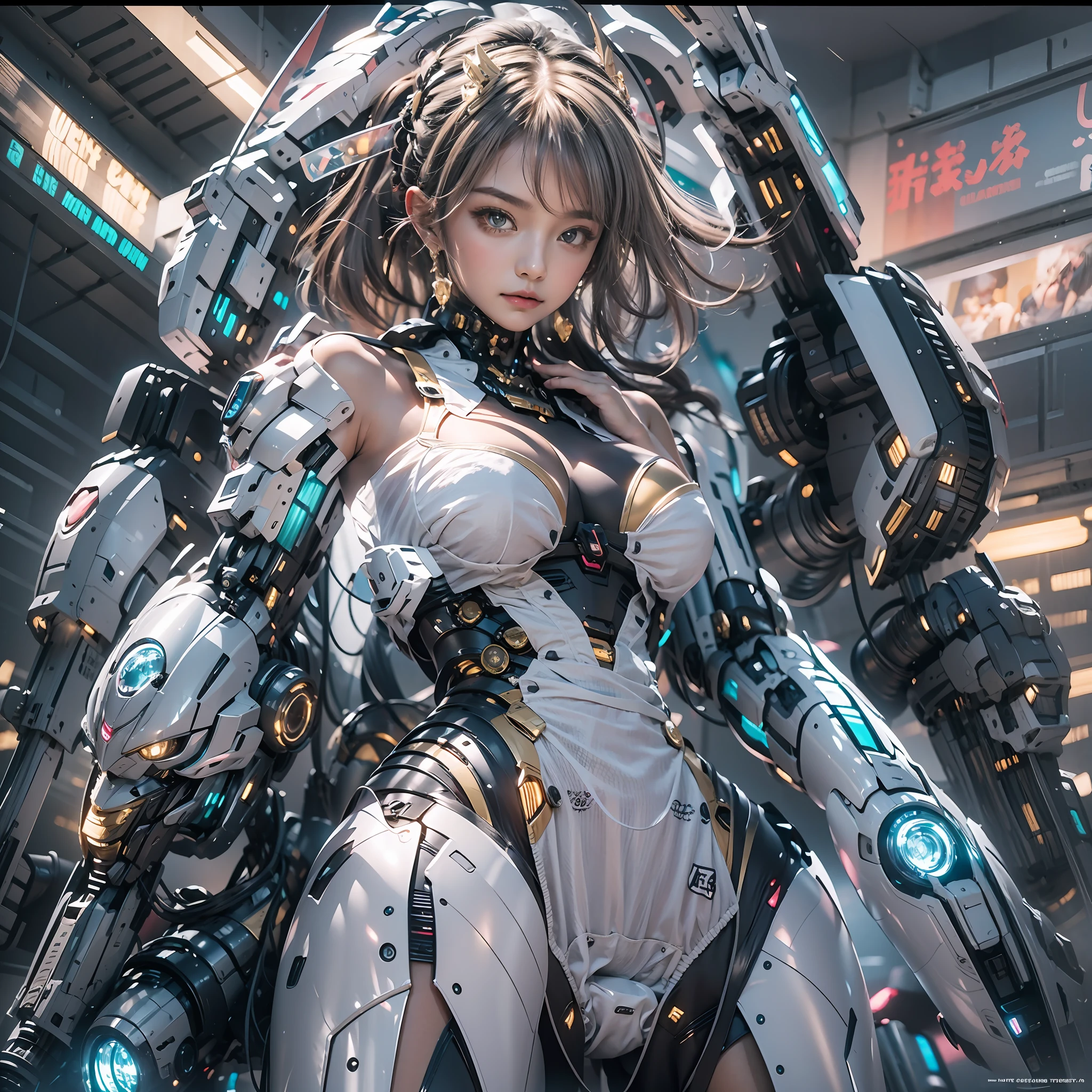 （（tmasterpiece，best qualtiy）），illustration，Ultra-detailed 8K，Clear focus，A highly detailed，Professional lighting，Colorful detailed，A girl and a mech，Beautuful Women，lottalewdsLargeMecha，cranny，with light glowing，with light glowing，Complicated details，（（1girl stands in front of the audience）），closeup cleavage，The upper part of the body