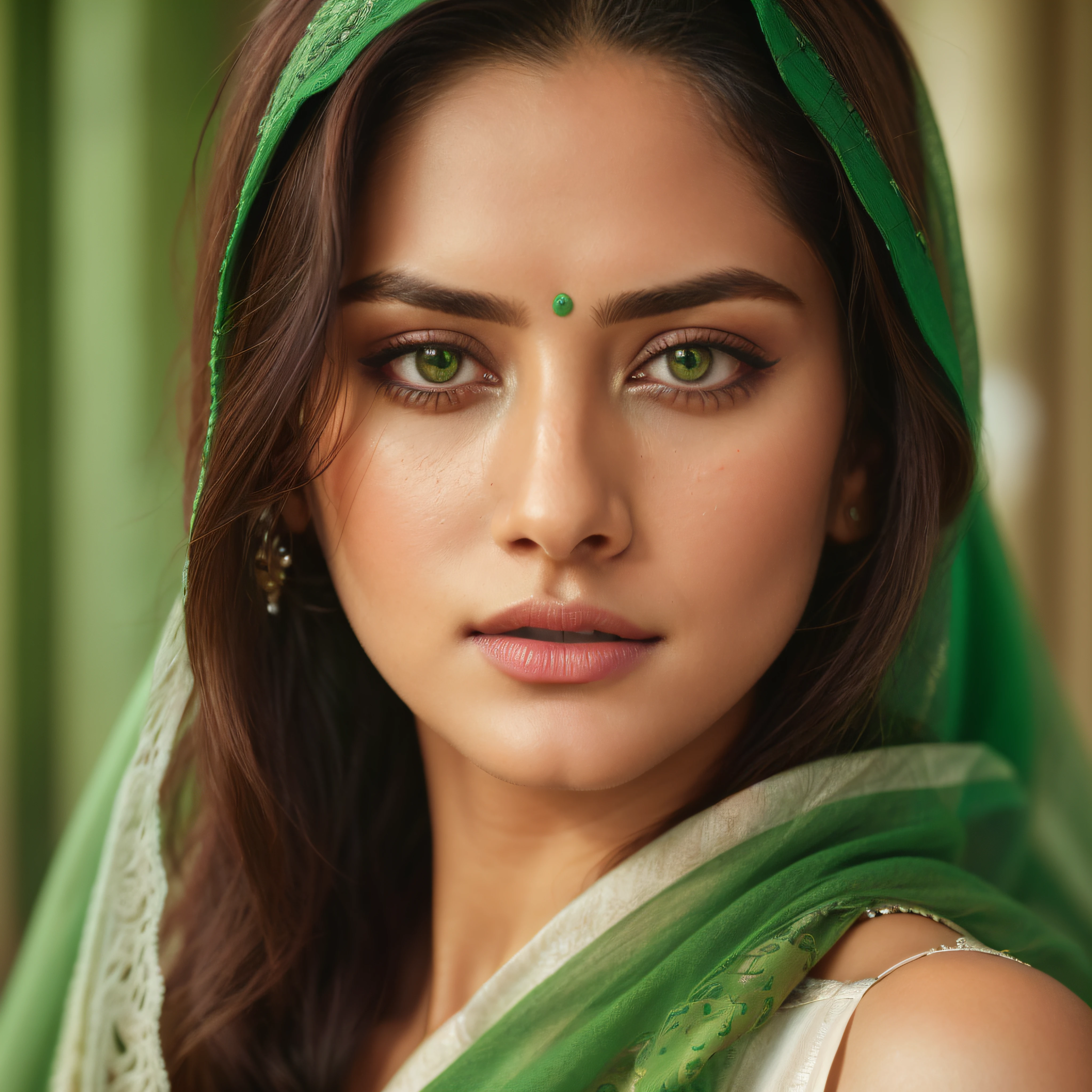 arafed woman with green eyes and a green shawl, color photograph portrait 4k, stunning portrait, detailed beauty portrait, beautiful portrait of a woman, gorgeous face portrait, very beautiful portrait, beautiful portrait photo, beautiful face portrait, 8k artistic portrait photography, beautiful female portrait, beautiful portrait, photo of a beautiful woman, beautiful portrait image, indian girl with brown skin