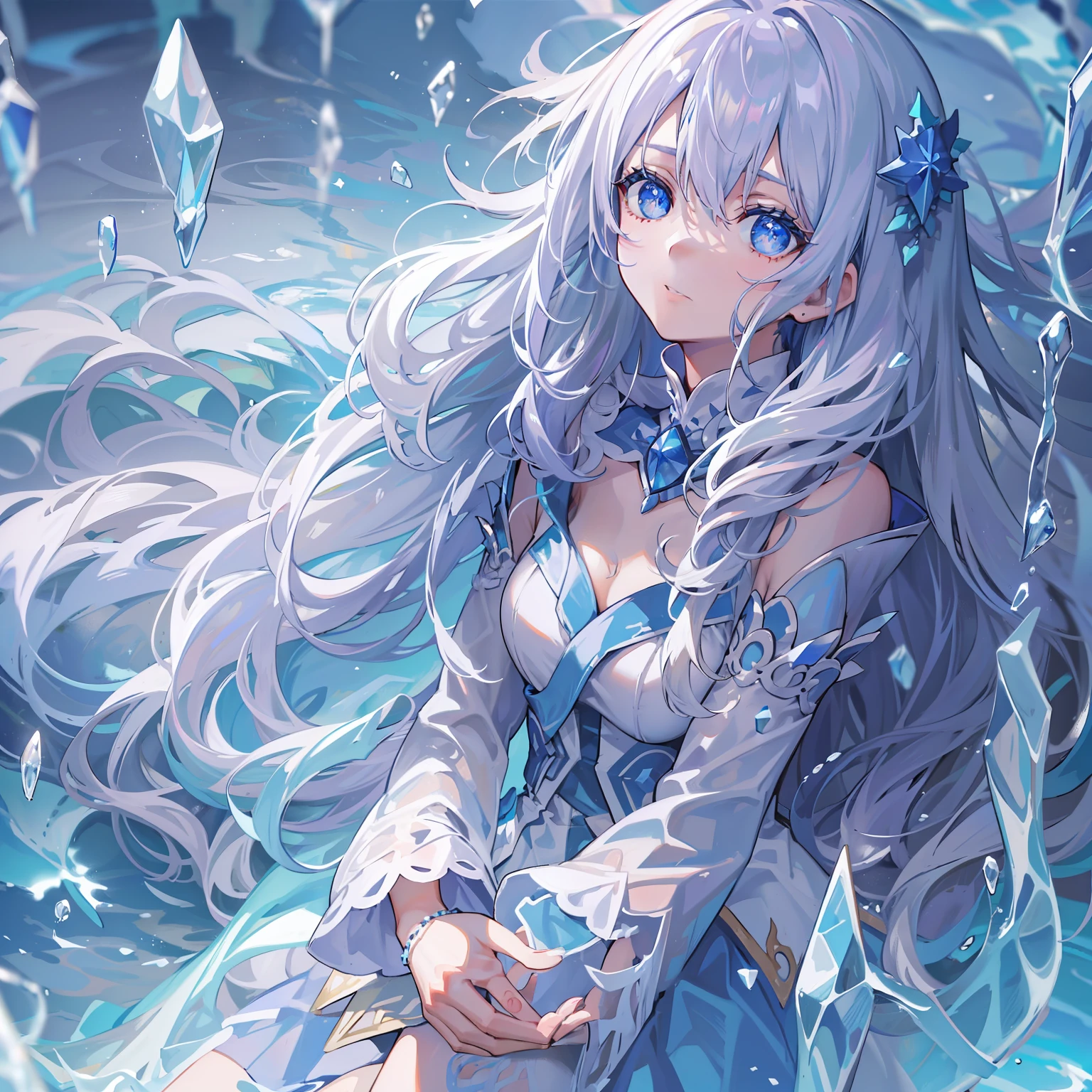 tmasterpiece，Best quality at best，one-girl，Solo，Ice，Blue skirt，A princess，nobles，apathy，There was a faint sadness in his eyes，opulent，Barefoot，Blue-white gradient hair，Float on water covered with ice