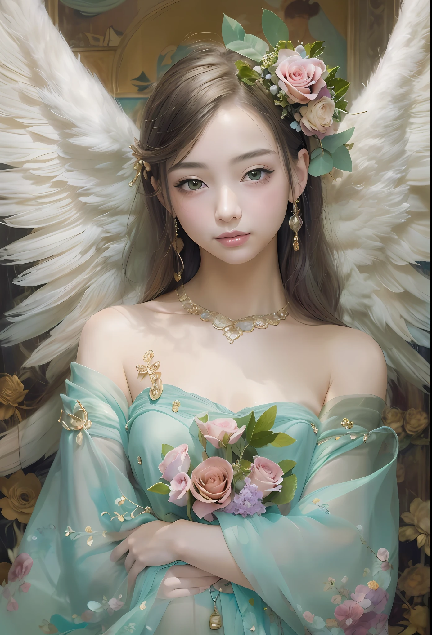 (Angel wings、😇、ein Lächeln、😌🥰archaisches Lächeln).hyper realstic、ultra-realistisch、Darstellung des menschlichen Körpers ohne Verzerrung、Monna Lisa、Frau in den Armen、Nahes und fernes Recht、dreidimensional、Zeitgenössische Malerei、modern、Weltmeisterwerk、Sammlung、Hommage an die Kunst oder das Künstlerwerk von Picasso und Renoir, Nicht sentimental、Hervorragende Darstellung、sanfter Ausdruck、Detailliertere Charaktergesichter, Ernstzunehmende Konkurrenz、Kompositionen wie Gemälde、(Konmutsuki_Gacha_Serie 1, punk_rosette), realistisch、zarte Pinselführung、Aqua Farbe Blumen, (Ganzkörper, eleganter blumenhintergrund)