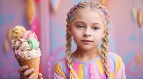 girl CHILD 10 years old, Russian blonde in braids, ice cream, diversas cores.