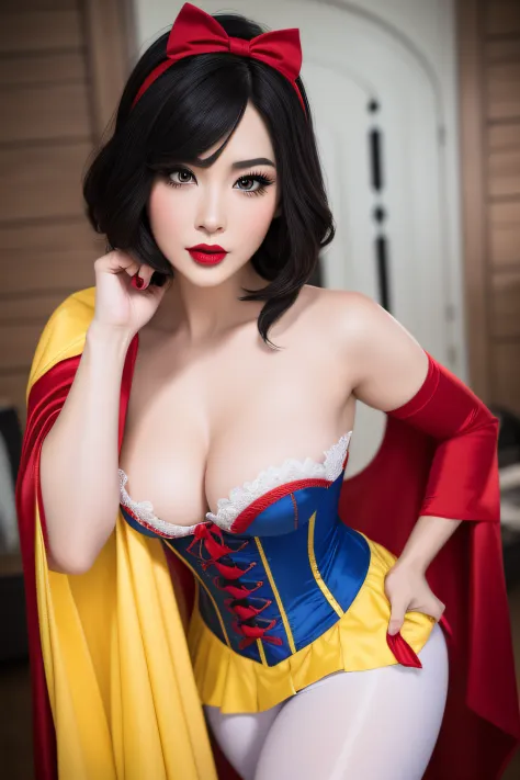 Beautiful chinese woman, snow white cosplay, blue corset, yellow pleated skirt, red and white slashed shoulder sleeves, black bob hair, red headband, red cape, silk, satin, photorealistic, masterpiece, best quality, beautifully detailed face, detailed skin...