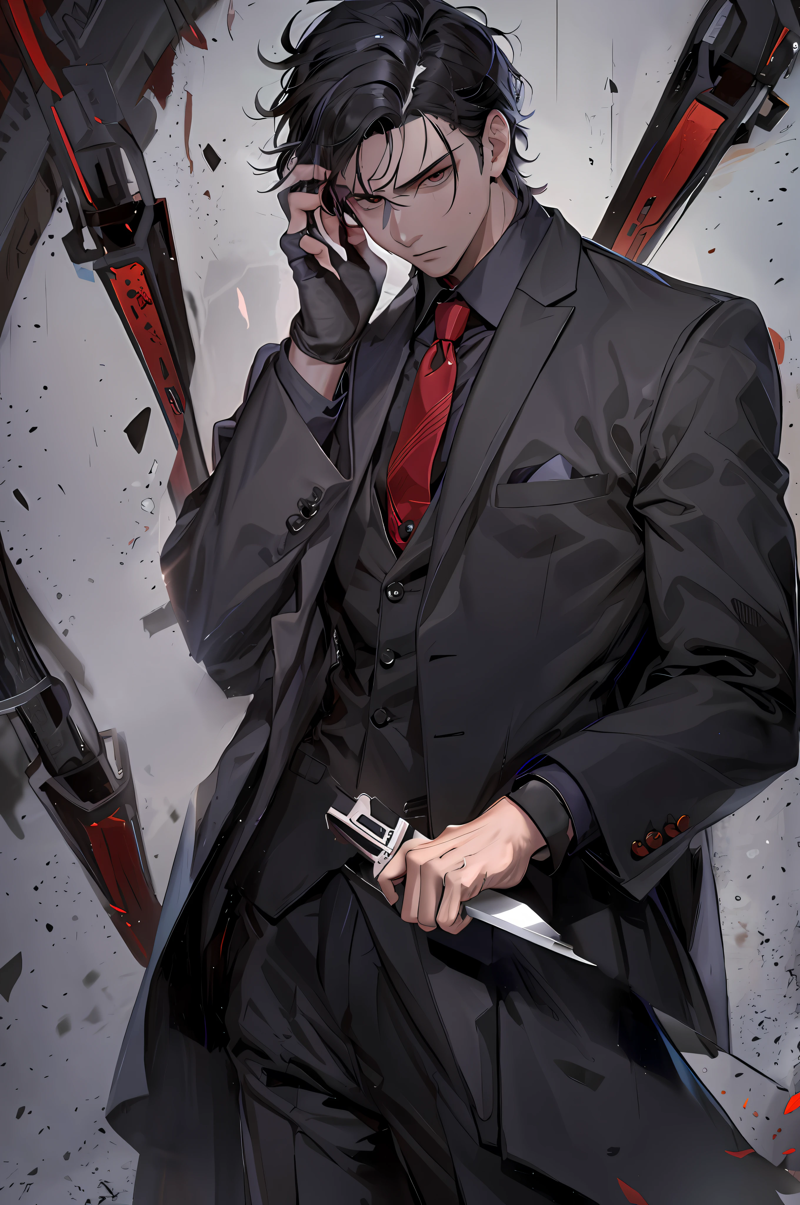 Anime character with a suit and tie holding a knife and a cell phone -  SeaArt AI