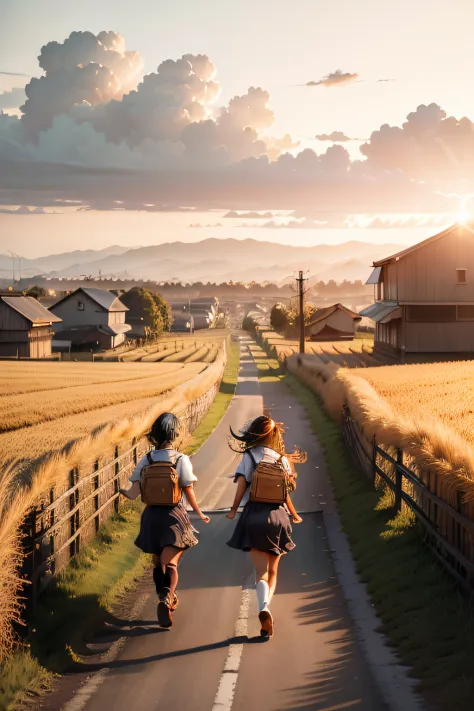 wheat field、mai lang、children chasing after school in the distance，utility poles in the distance、eventide、nice sunset、childhood ...