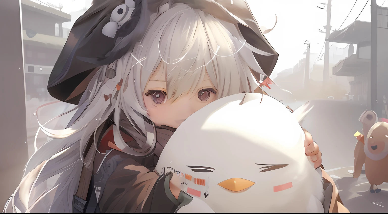 Anime girl holding a white bird in the city, from girls frontline, girls frontline style, Girls Frontline CG, Girl Front, Fine details. Girl Front, girls frontline universe, Guviz, Guviz-style artwork, Ayaka Genshin impact, From Arknights, Guweiz in Pixiv ArtStation, A scene from the《azur lane》videogame