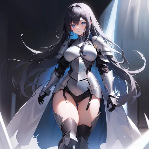 1 Girl, light blue eyes, big black hair, locks of hair, bangs, hair detail, strands of hair detail, (lights effect on hair), ((sexy black knight armor)), big chest, thick legs, thick thigh, background scenery, in hell, surrounding fire, ambient detail, ult...