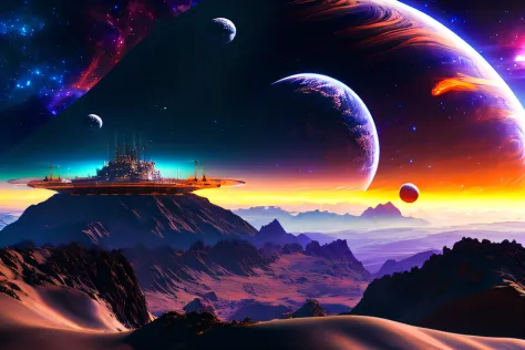 Looking out from the space station, the landscape would be breathtaking. The station would be located in the midst of an endless expanse of dark, star-studded space, with a distant planet visible on the horizon. The planet would be a majestic, multi-colore...