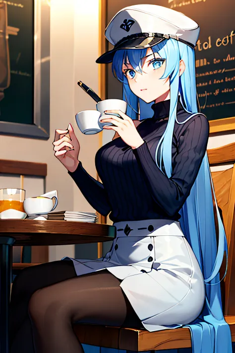 (Masterpiece), (Best quality),A high resolution, Ultra detailed, esdeath, Long hair ,Blue hair, Blue eyes, Peaked hat, Detailed ...