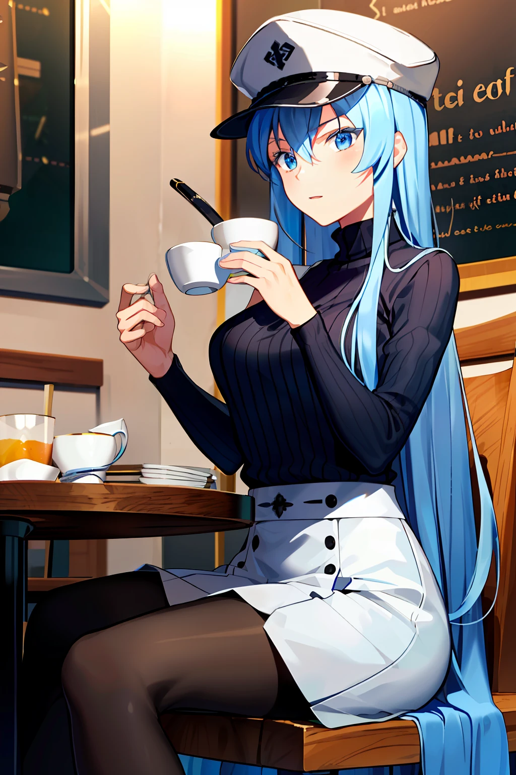 (Masterpiece), (Best quality),A high resolution, Ultra detailed, esdeath, Long hair ,Blue hair, Blue eyes, Peaked hat, Detailed background, cafe shop,high waisted skirt, Black pantyhose, (Black sweater), full bodyesbian